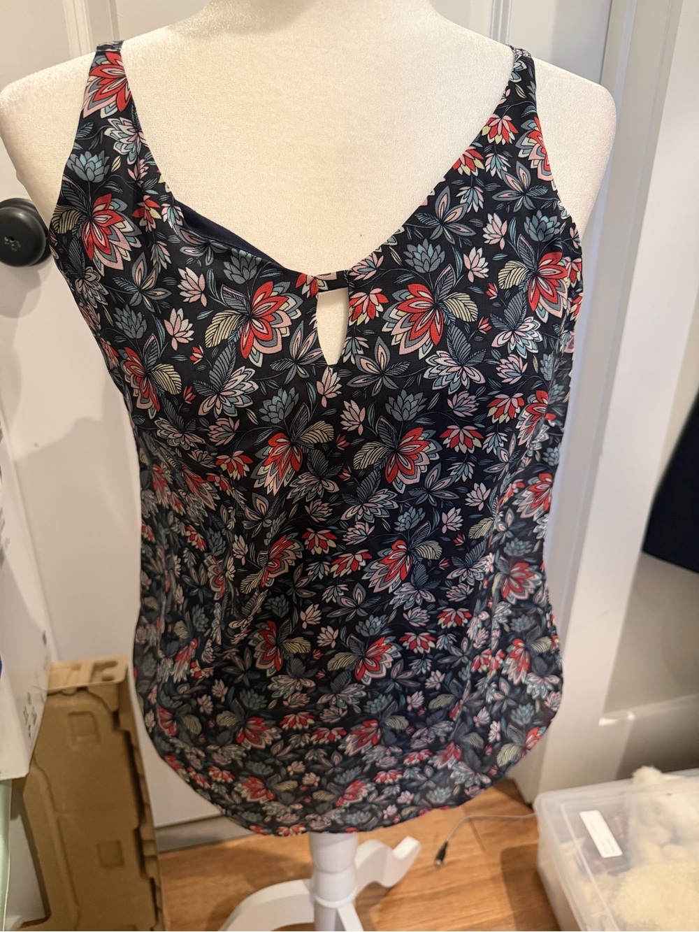 CAbi Black Floral V-Neck Camisole with Red & Cream Flowers